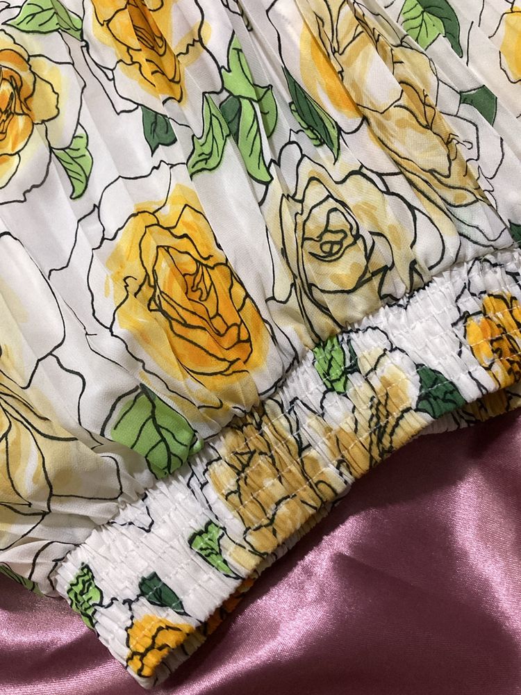 Pleated Floral Mid Length Skirt