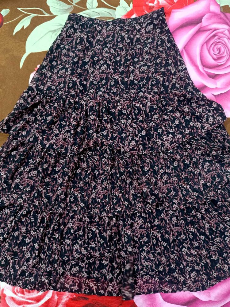 Tiered Floral Print Black Boho Skirt
