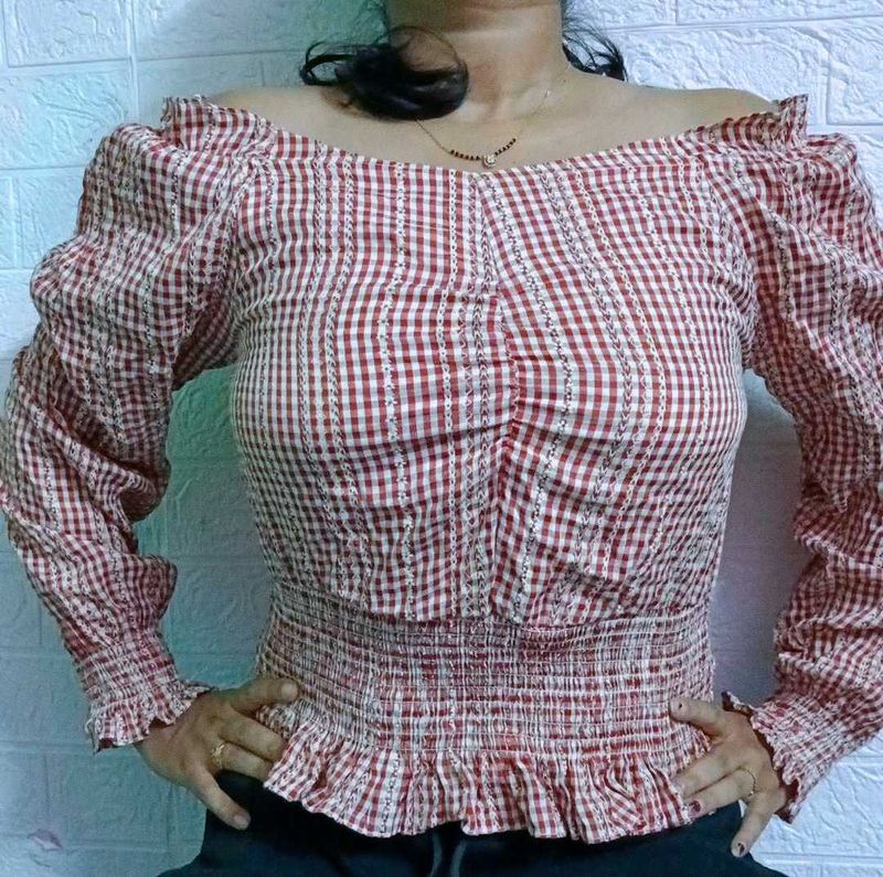 Red Gingham Off-Shoulder Top