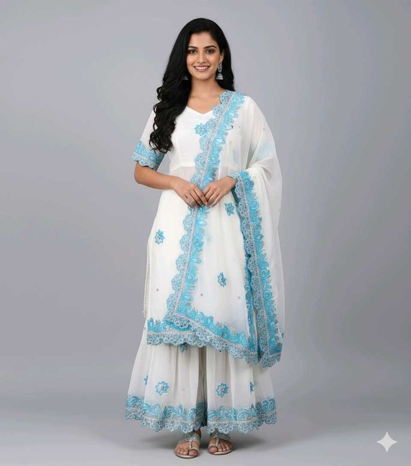White &amp; Blue Sequence Sharara Set