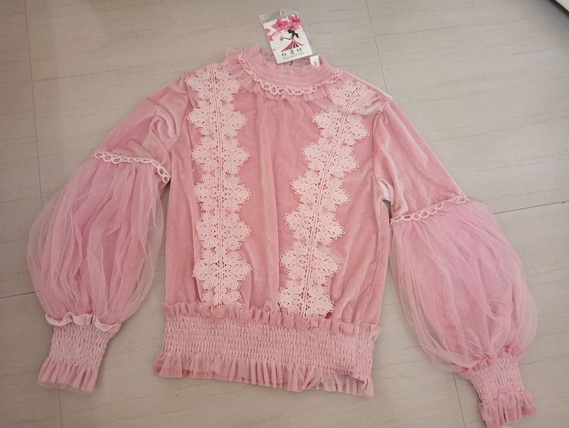 Baby Pink Velvet Puff Sleeve Partywear Top
