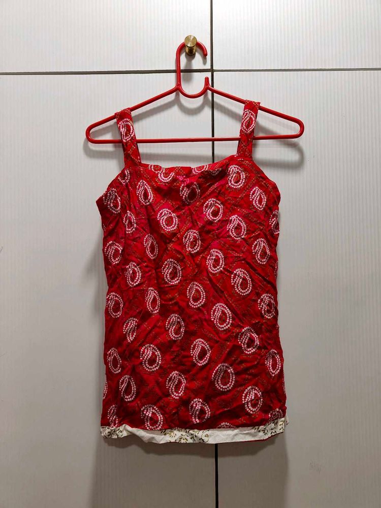 Red Bandhani Print Strap Kurti