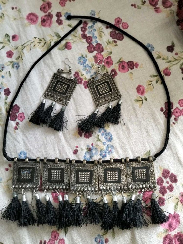 Black Tassel Necklace &amp; Earring Set