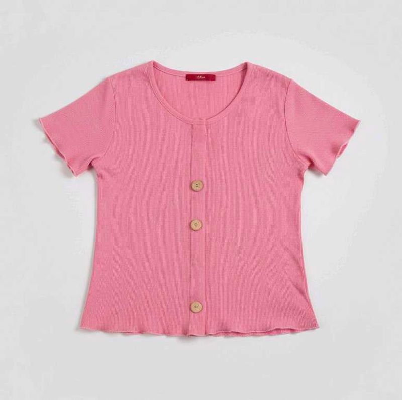Pink Ribbed Button-Down Short Sleeve Top