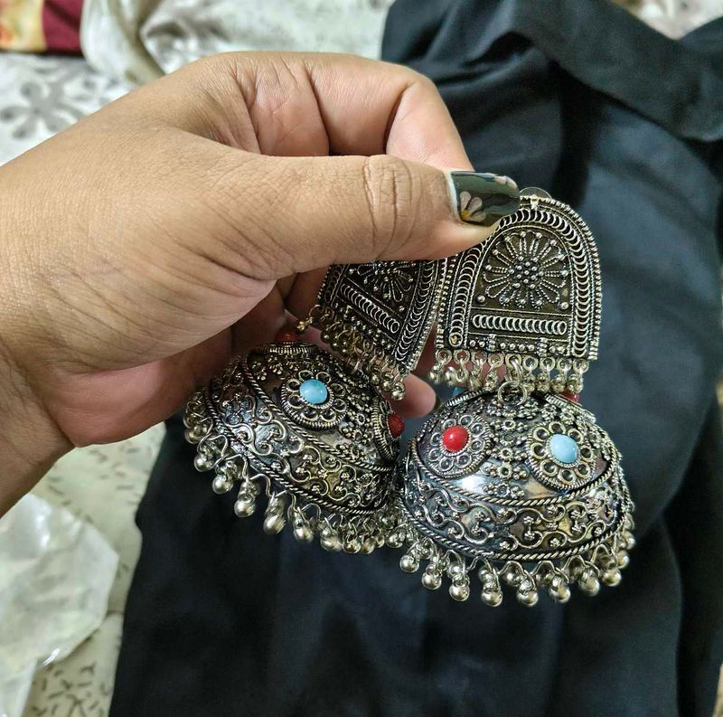 Oxidized big size Jhumka Earrings