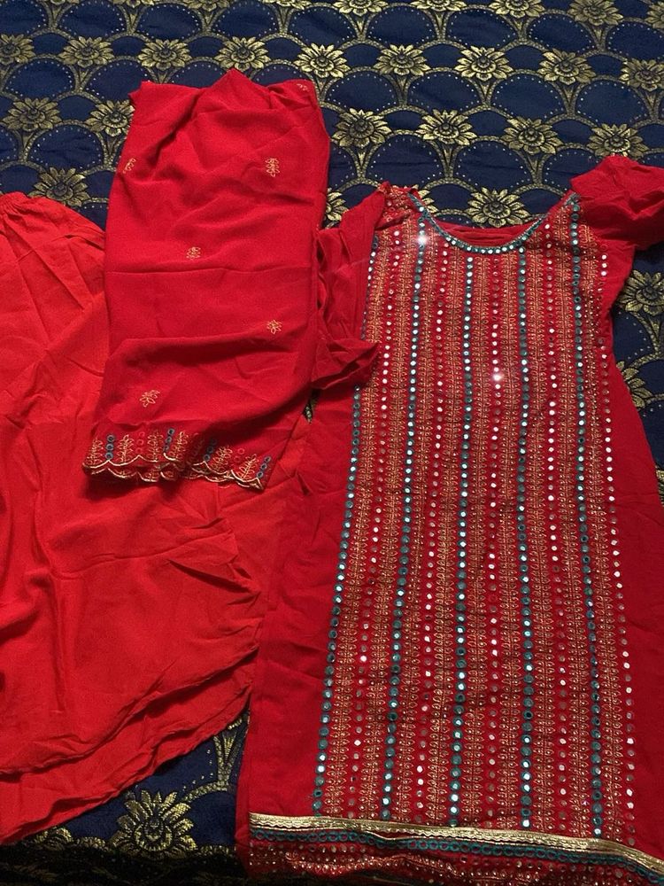 Red Embroidered Kurta Set