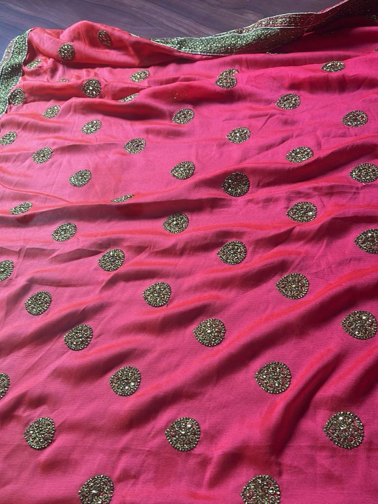 Pink Saree with Embellished Polka Dots