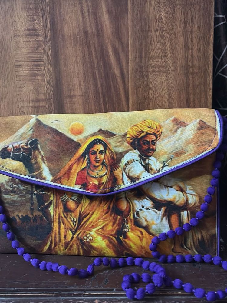 Ethnic Art Clutch with Pom-Poms