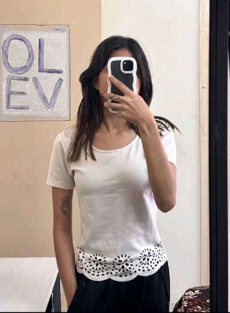 White Tee with Floral Cutout Hem
