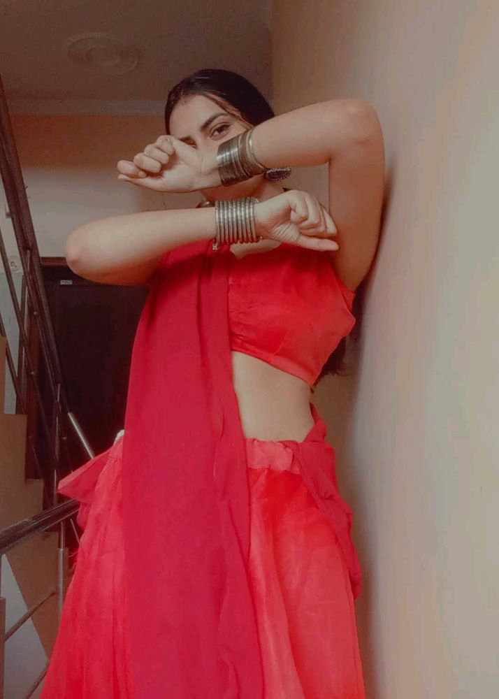 Elegant Red Organza lehnga With Stitched Blouse