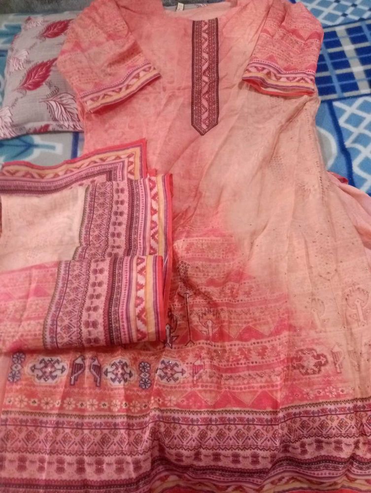 Peach Printed Gown Set with Dupatta