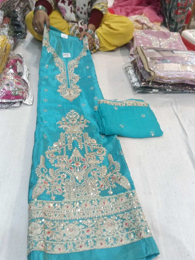 Elegant Turquoise Embroidered Suit