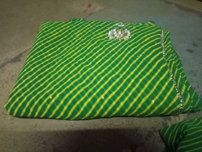 Green &amp; Yellow Leheriya Saree