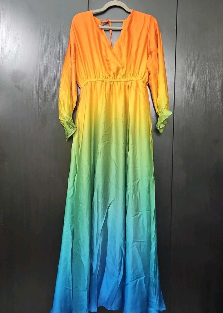 Rainbow Ombre Maxi Satin Dress