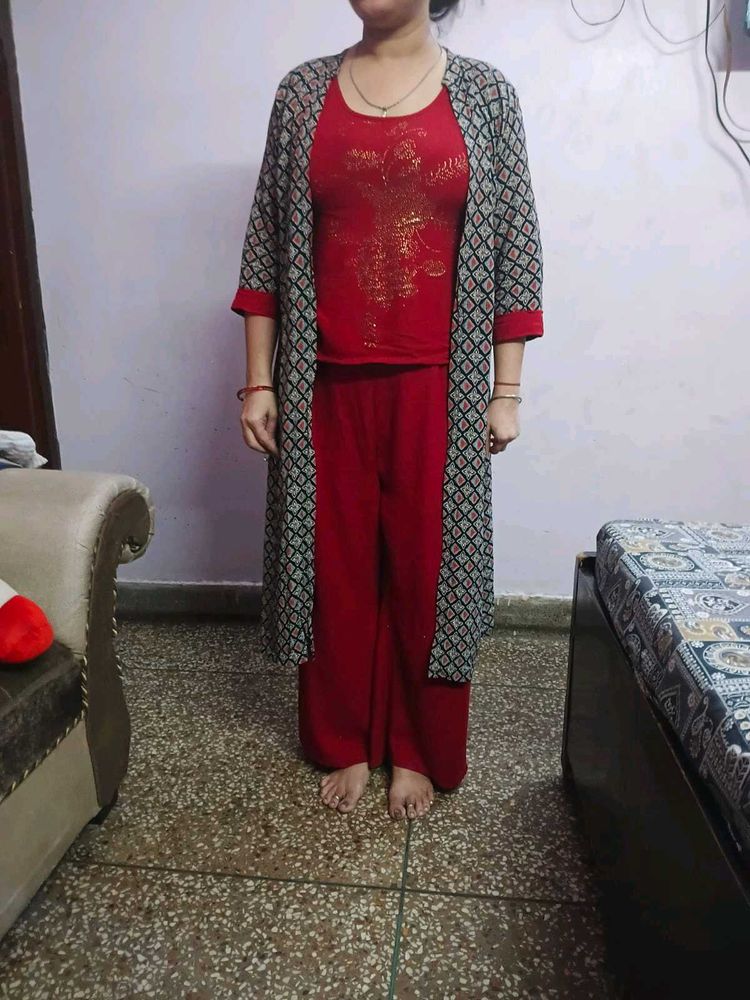 Red Kurta Palazzo Set with Shrug