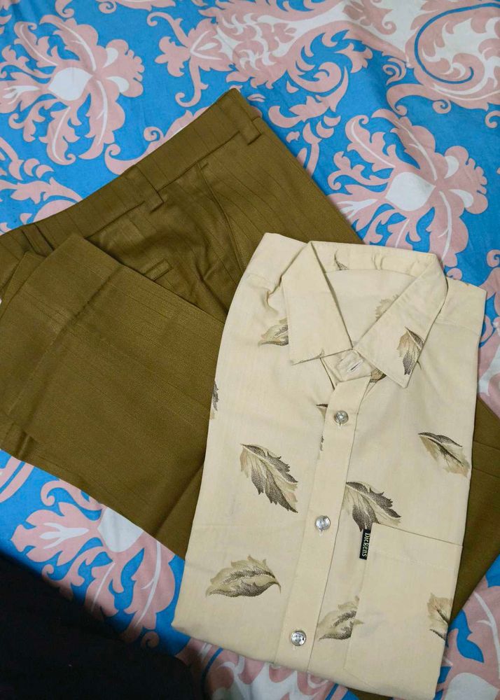Leaf Print Shirt &amp; Brown Pants Set(Never Used)