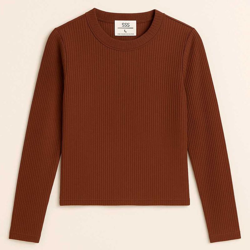 Rust Brown Ribbed Knit Full Sleeve Top – Size L