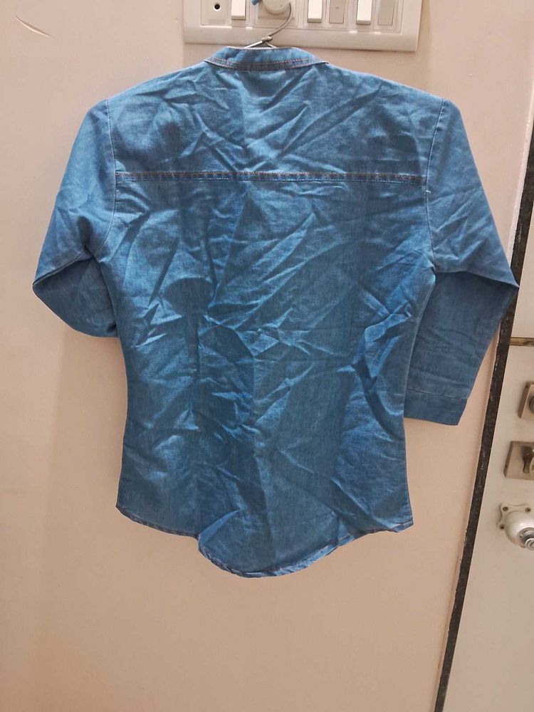 Denim Shirt With Stand Collar
