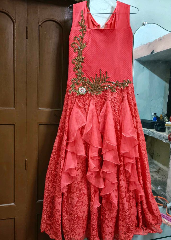 Coral Embellished Party Dress
