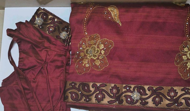 Maroon Embroidered Saree with stitched blouse