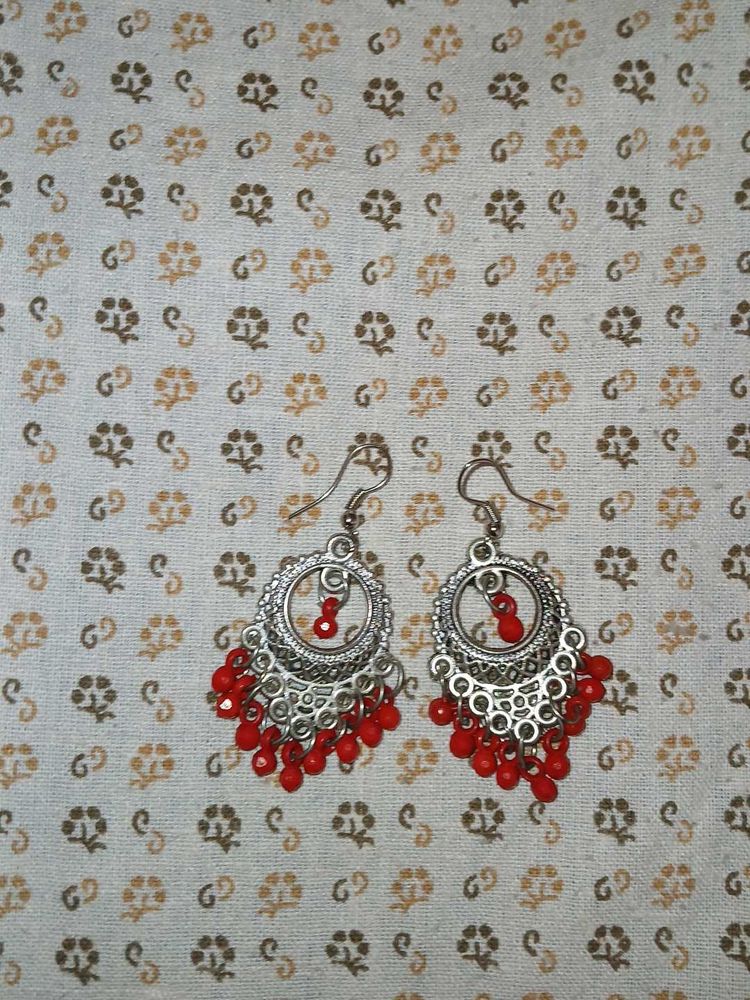 Boho Red Beaded Silver Drop Earrings