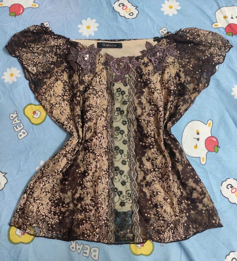Brown Grungefairy /forestcore Lacey Top