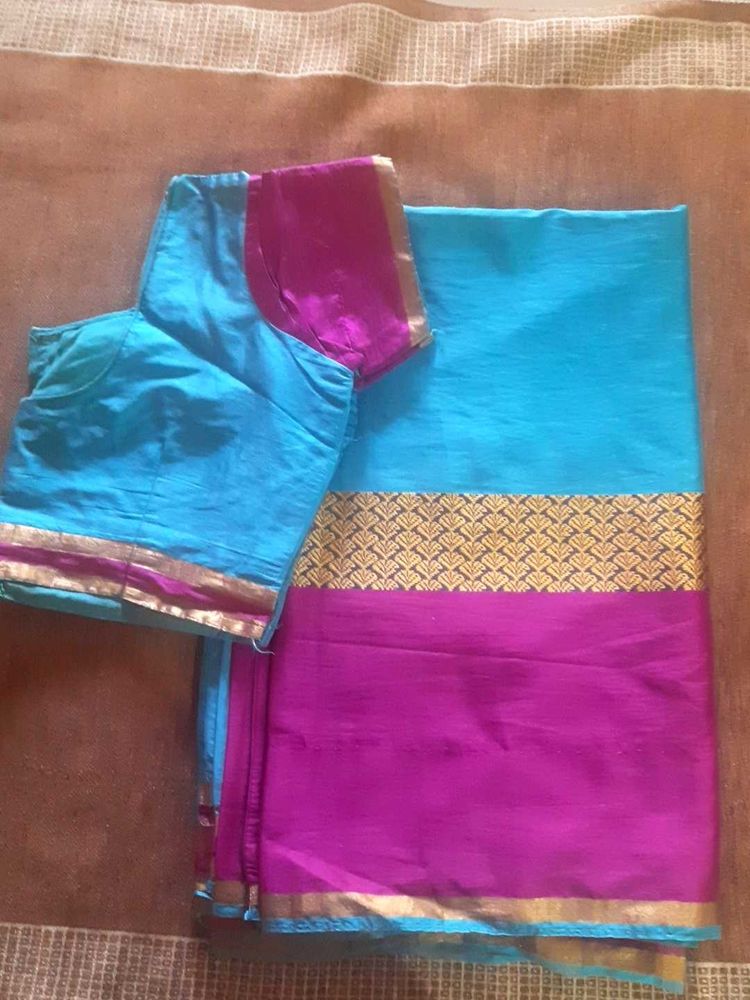 Blue &amp; Magenta Silk Saree With Blouse.