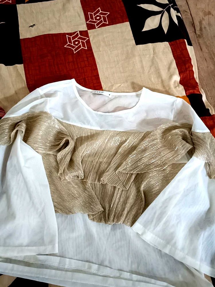 White &amp; Gold Ruffle Top