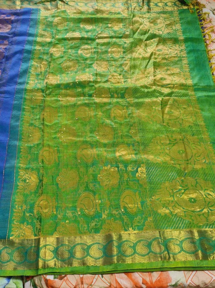 Blue And Green Korvai Kanchipuram Silk Saree