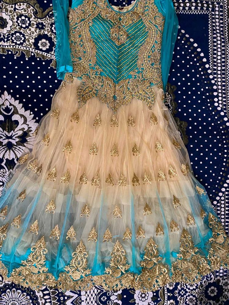 Elegant Teal &amp; Gold Anarkali Dress