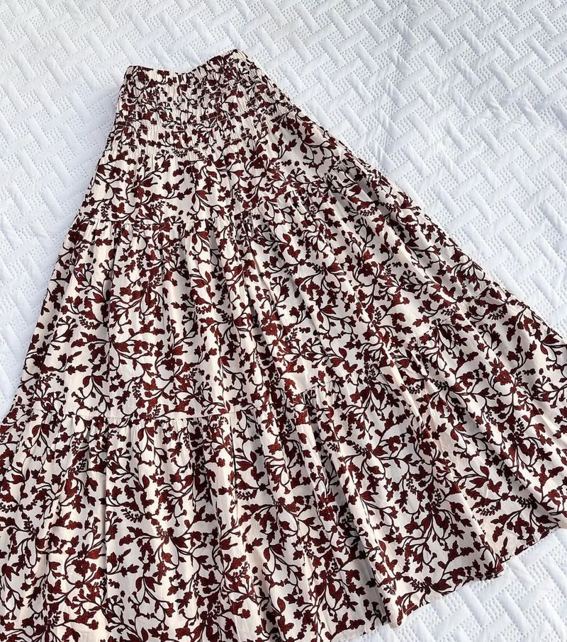 Brown Floral Tiered Maxi Skirt