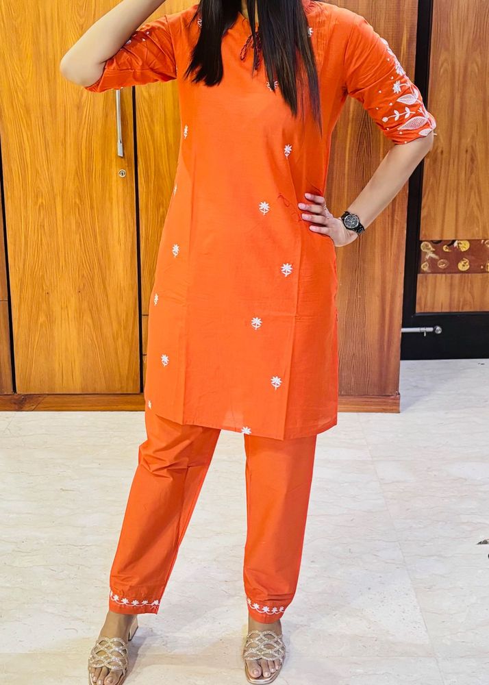 Orange Embroidered Kurti Set