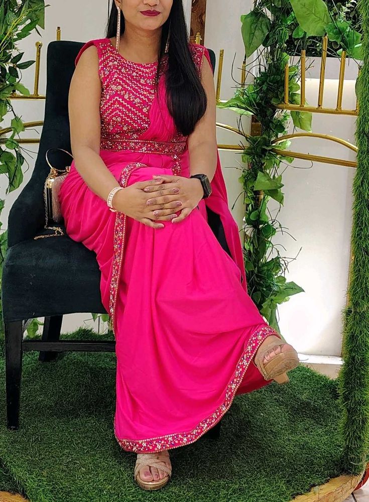 🔥Ready to wear hot pink saree with belt 🥰