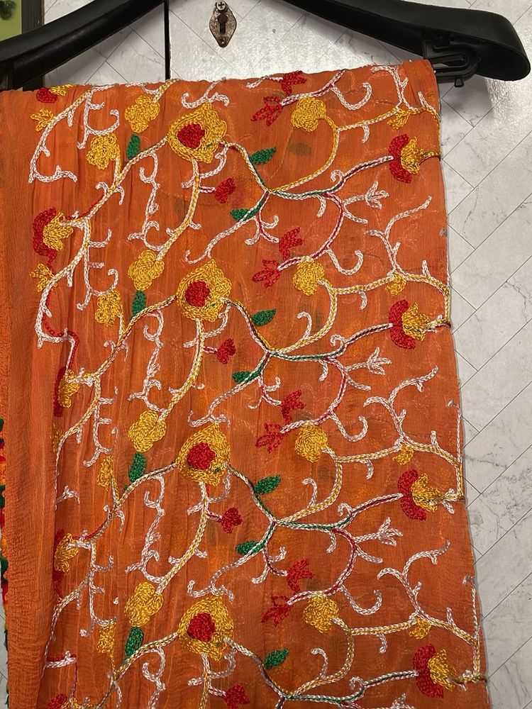 Orange Embroidered Chiffon Chunni
