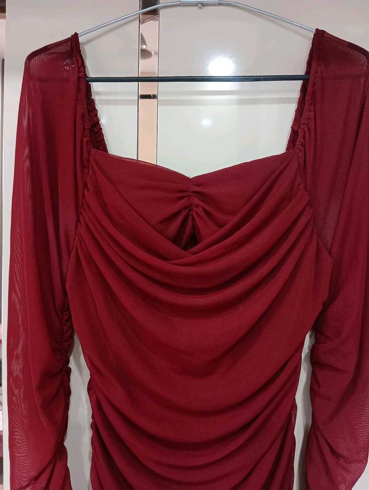 Burgundy Mesh Long Sleeve Dress