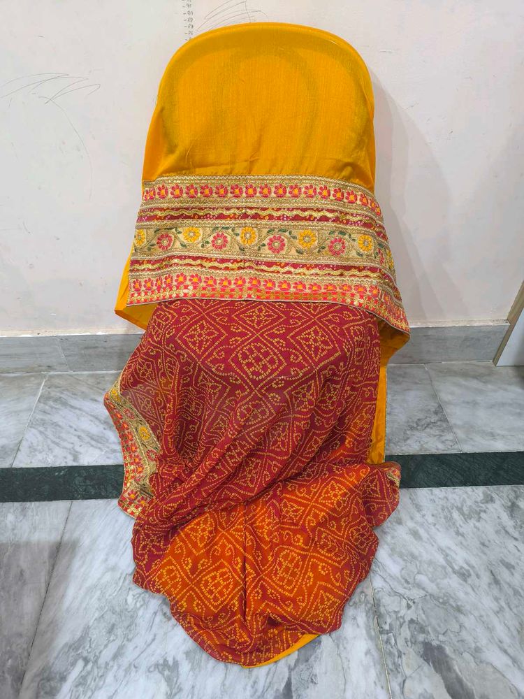 Yellow And Red Rajasthani Tie Dye Heavy Work Saree