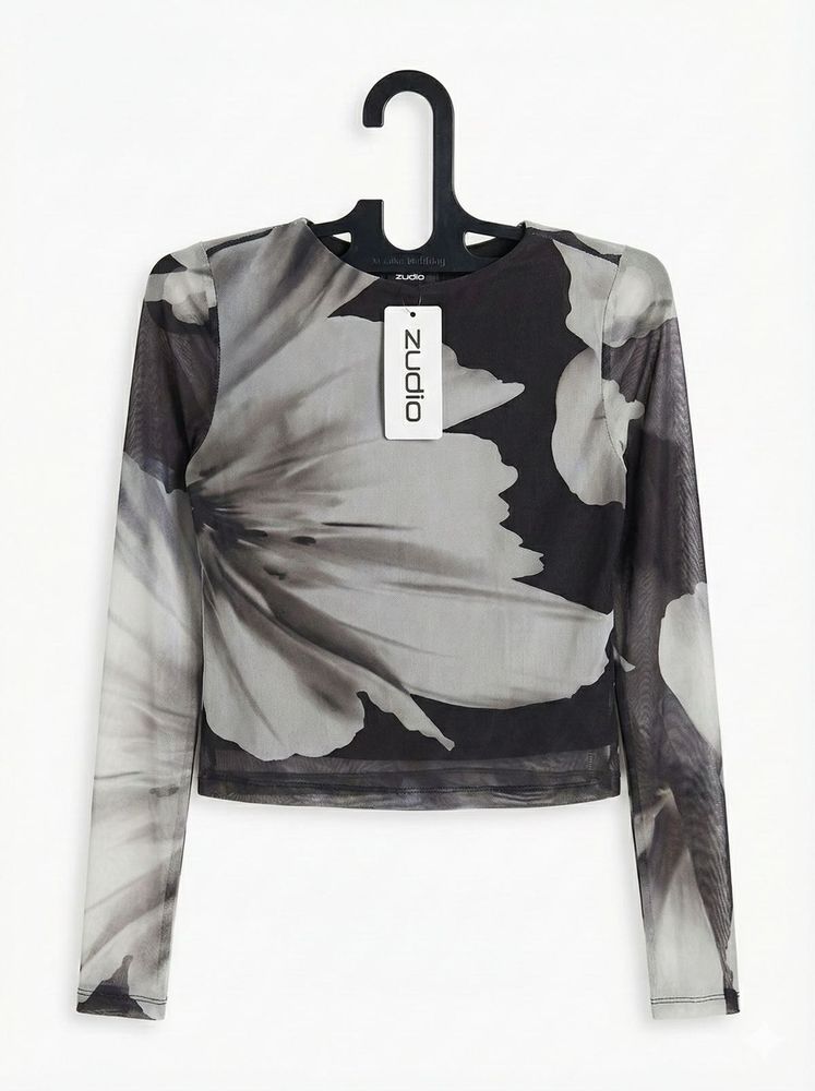 Floral Print Mesh Long Sleeve Top