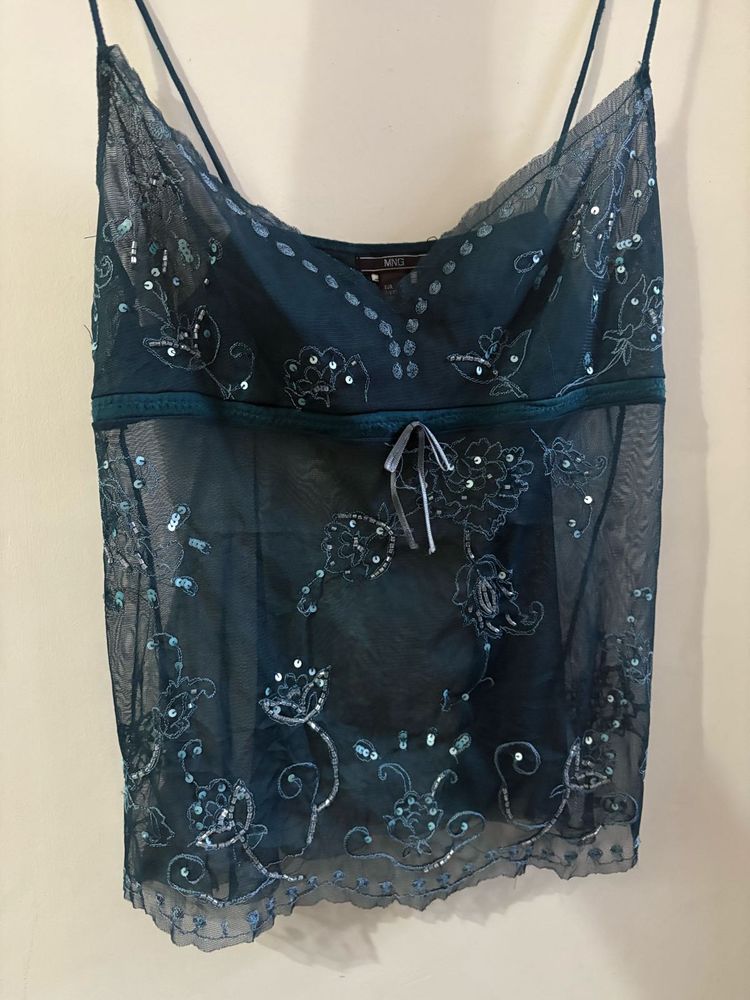 Vintage Style Sheer Mango Embellished Cami Top