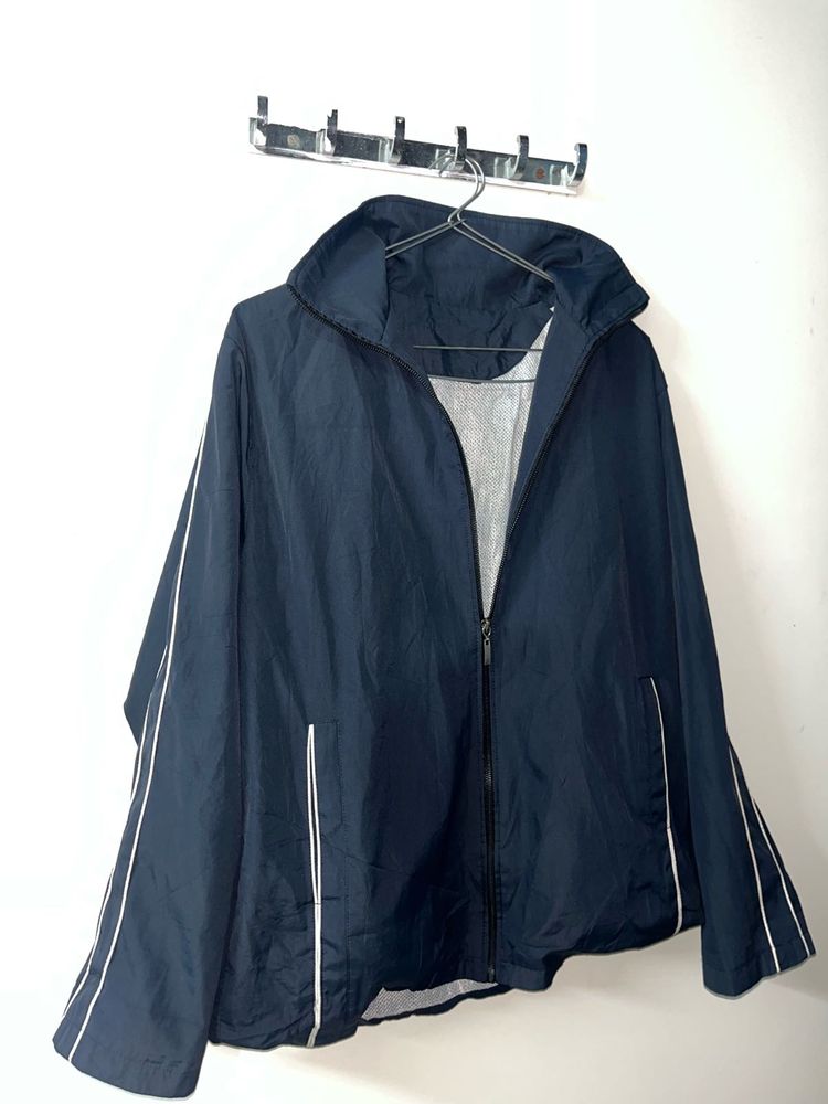 Navy Windbreaker Jacket With White Strips On Arms
