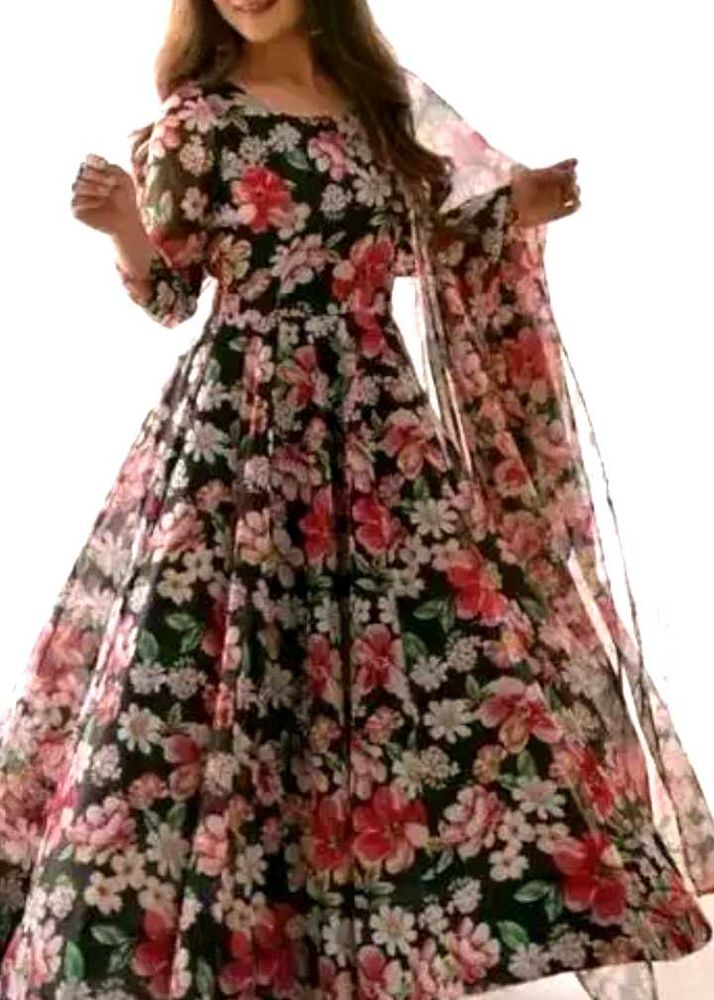 Georget Printed Black Dress With Dupatta