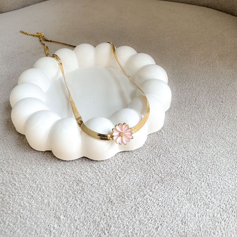 Pink Flower Gold Herringbone Necklace