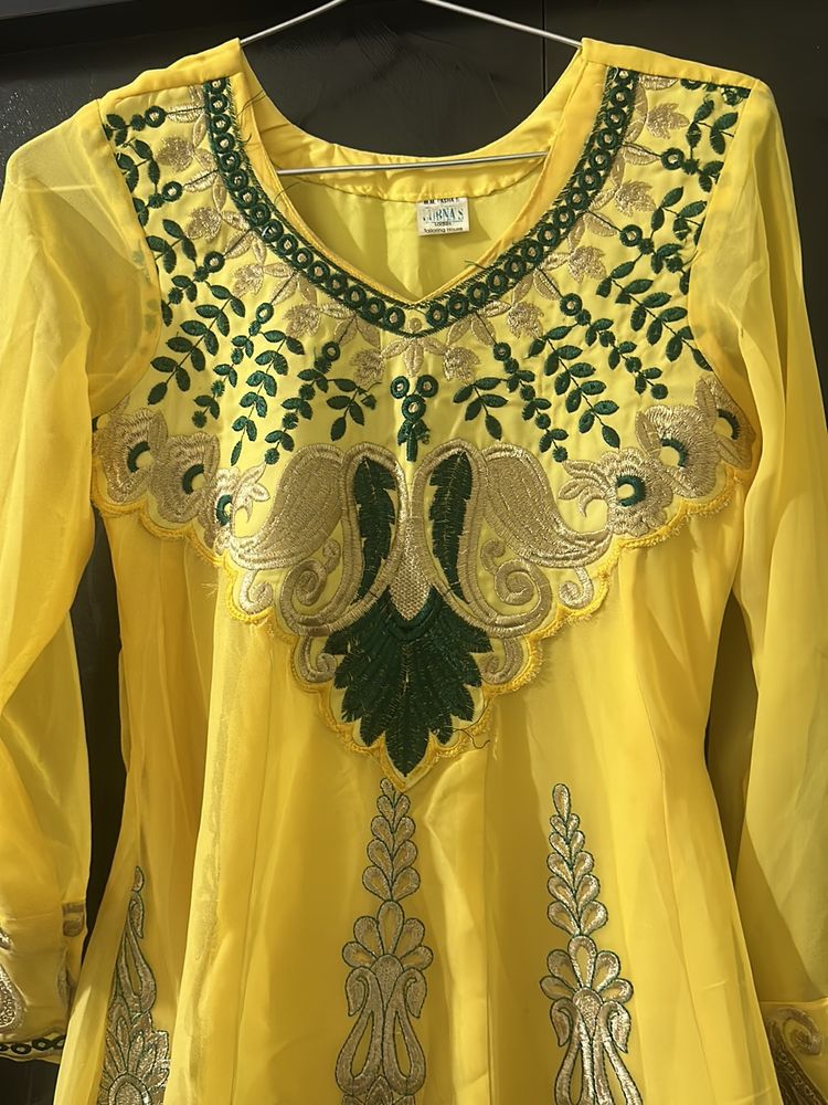 Yellow Colour Anarkali Suit With Pushpak Pant And Shifon Dupatta