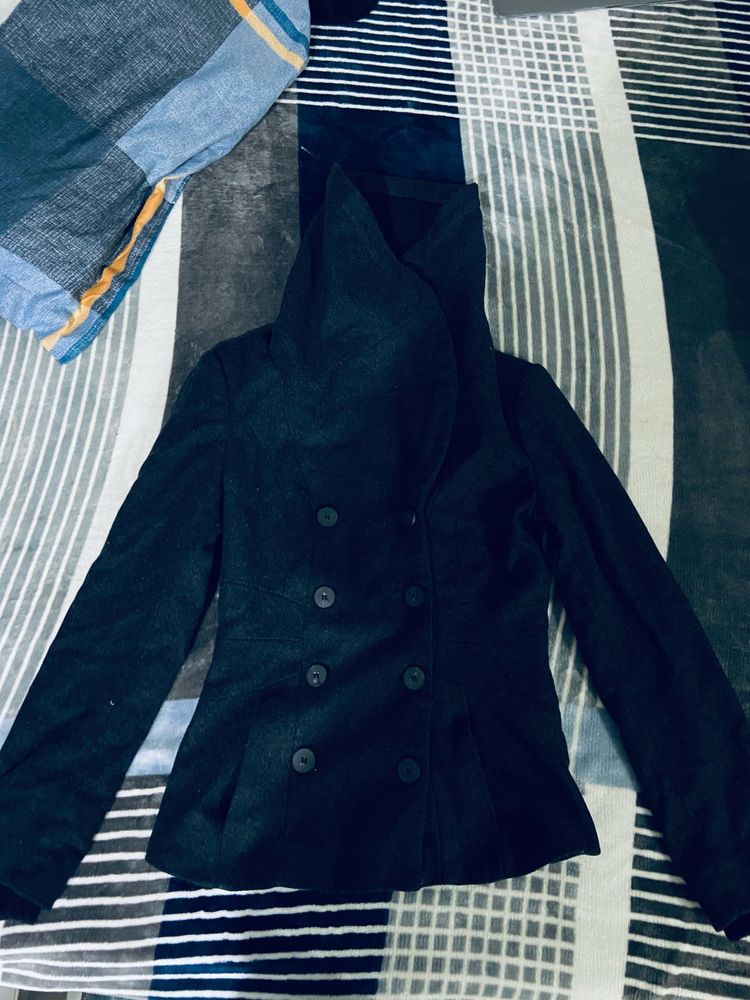 Girl black double-breasted winter coat