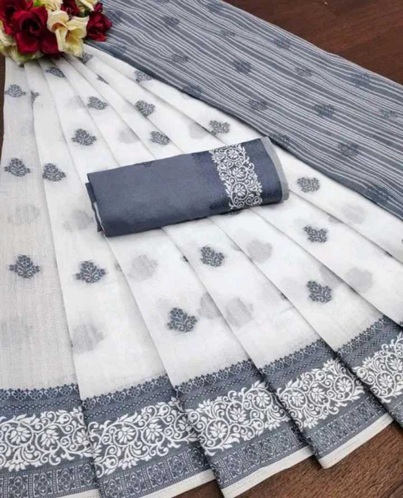 Elegant White &amp; Grey Saree
