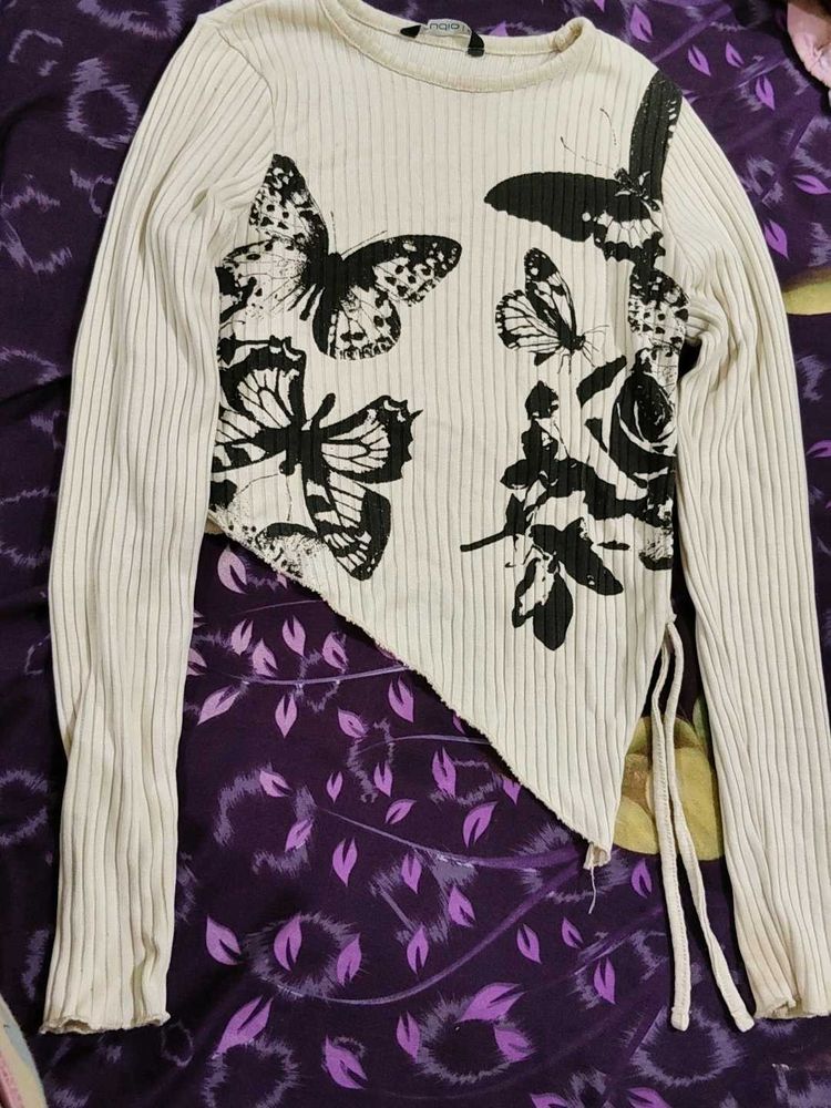 Butterfly Print Ribbed Top