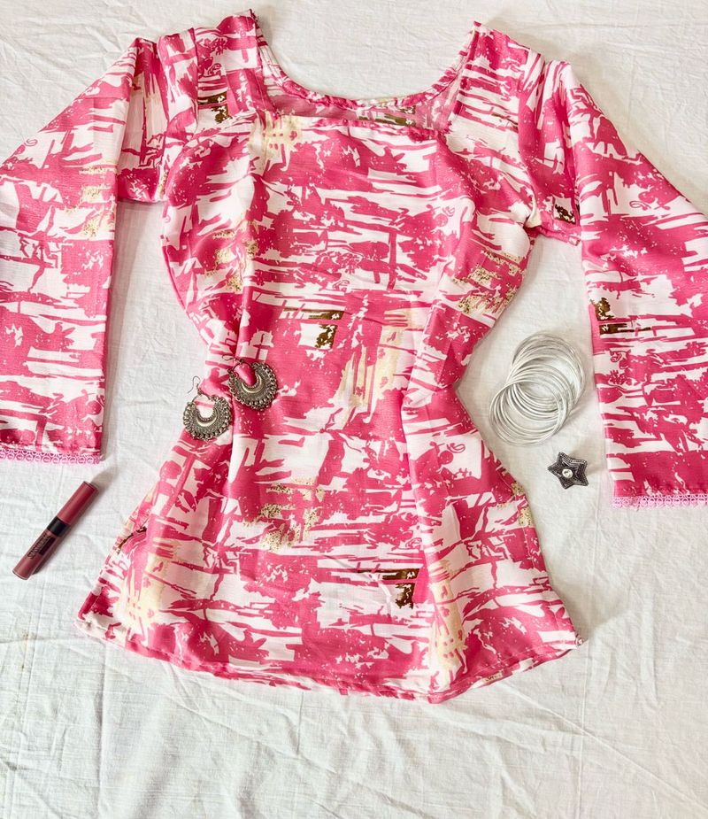 Pink Printed Bell Sleeve Short Kurti