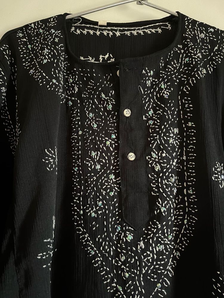Black And White Short Chikankari Kurta