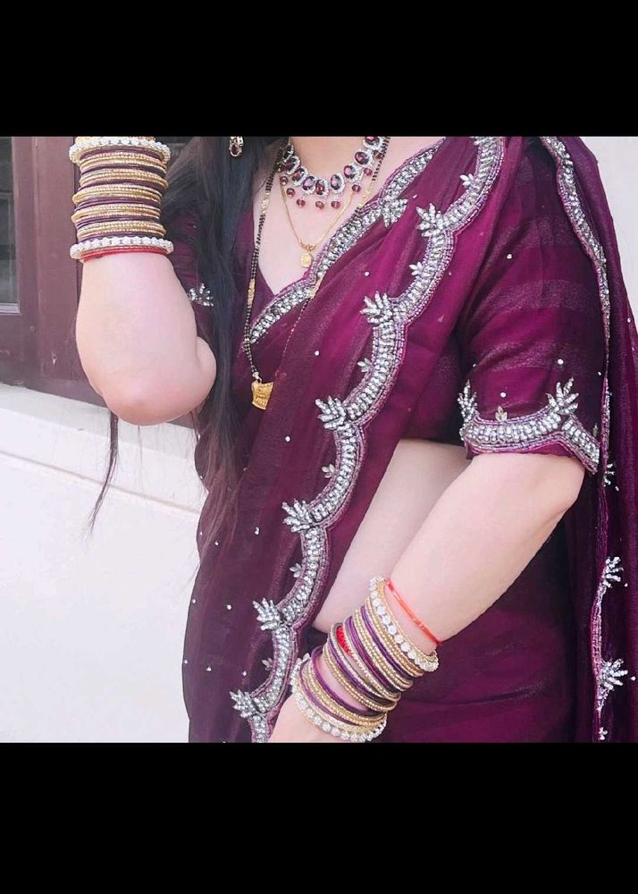 Beautiful handwork Wine Colour saree
