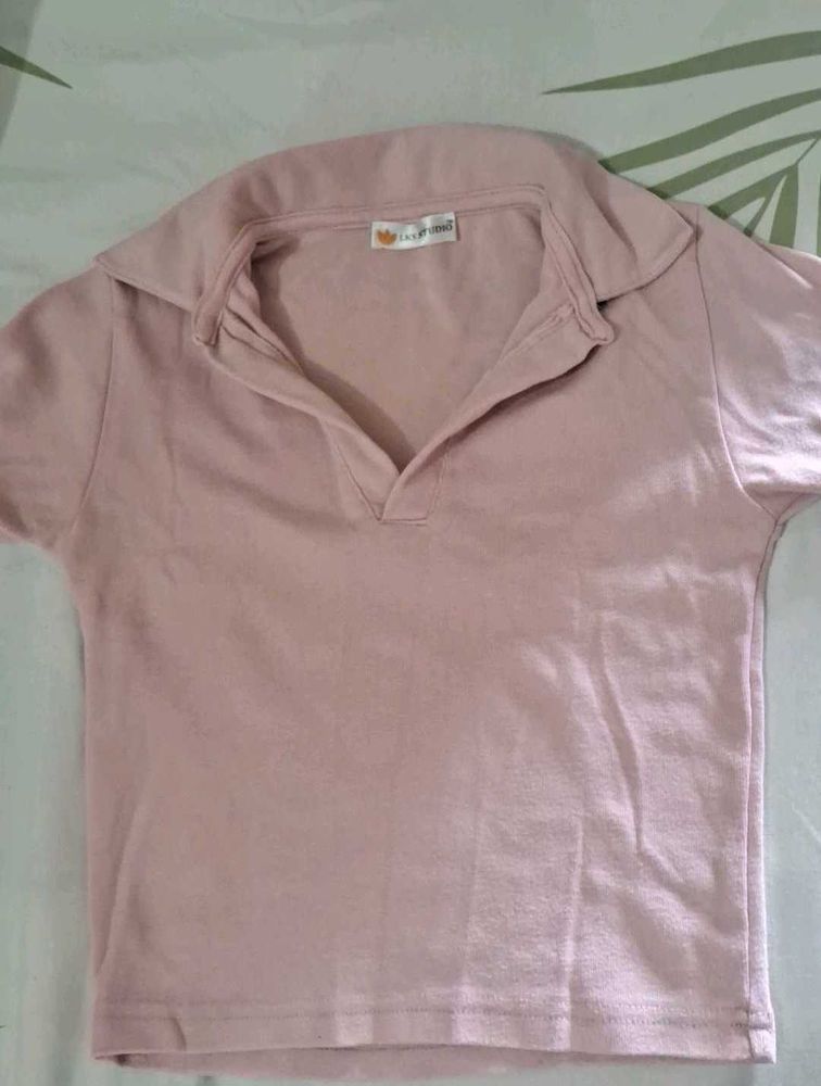 Baby Pink Polo Neck Crop Tshirt