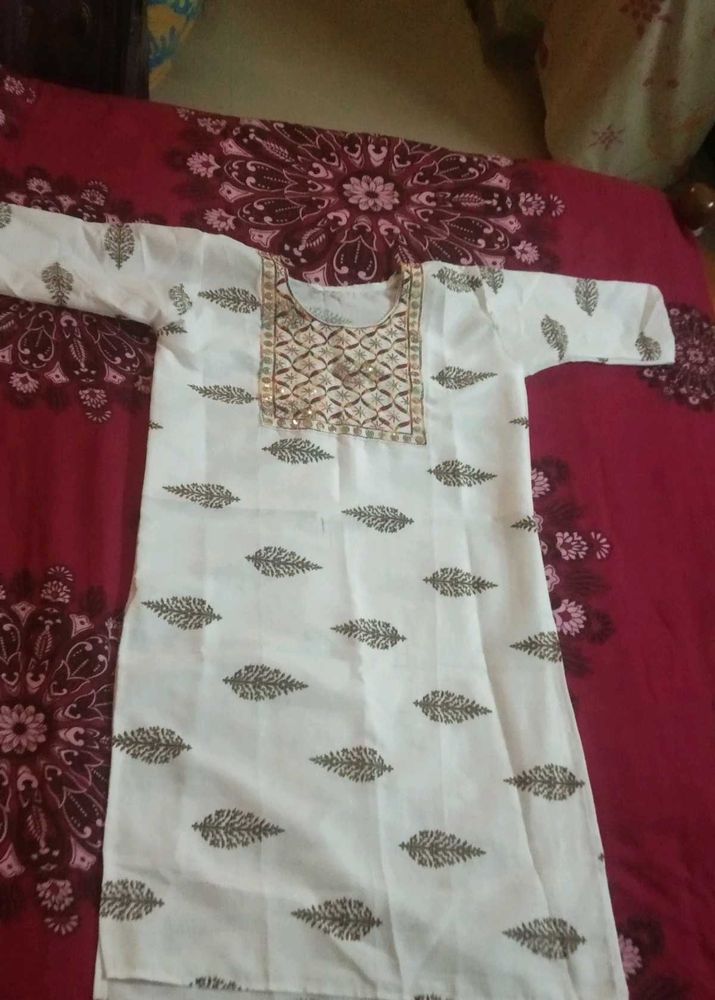 Xxl White Paisley embroidered Neck Printed Kurti